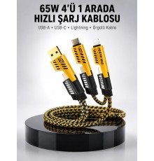 65W 4'ü 1 Arada Çoklu Şarj Kablosu – USB-C, USB-A, Lightning, Veri ve Şarj Desteği Yeni Nesil