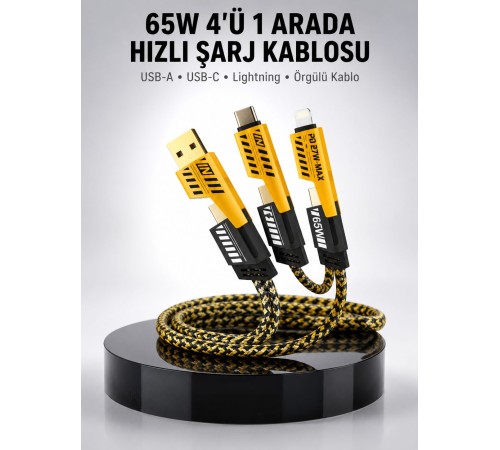 65W 4'ü 1 Arada Çoklu Şarj Kablosu – USB-C, USB-A, Lightning, Veri ve Şarj Desteği Yeni Nesil