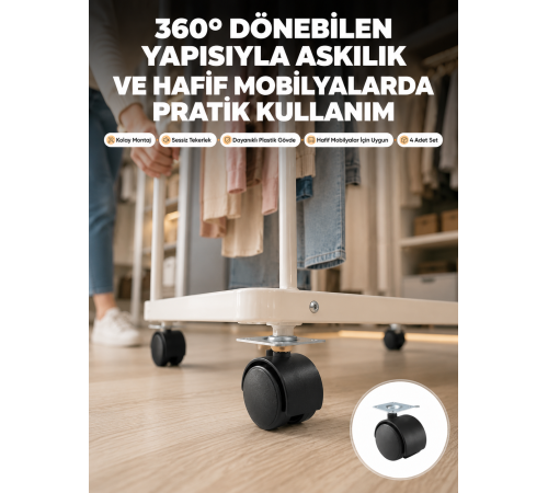 4 cm Kilitsiz Tekerlek Ayak Seti Zemin Koruyucu