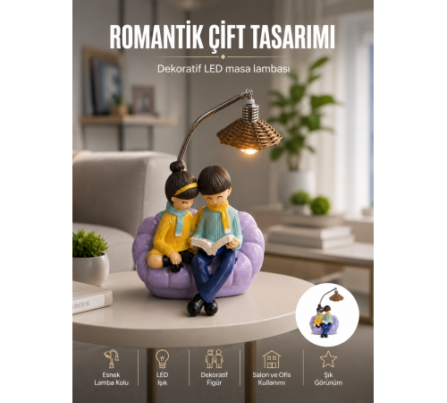 Romantik Çift Figürlü Okuyan Çift Masa Lambası Dekoratif LED Aydınlatma