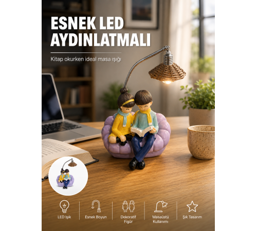 Okuyan Çift Figürlü Dekoratif Gece Lambası Hediye Seçeneği