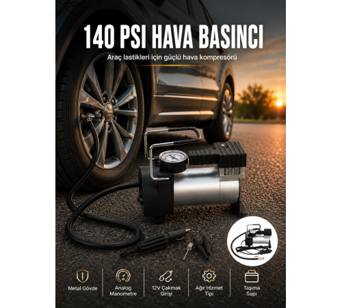 Ağır Hizmet Tipi Oto Kompresör 140 PSI Manometreli