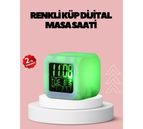 Kronometre ve Takvim Destekli Renk Değiştiren LED Dijital Küp Saat