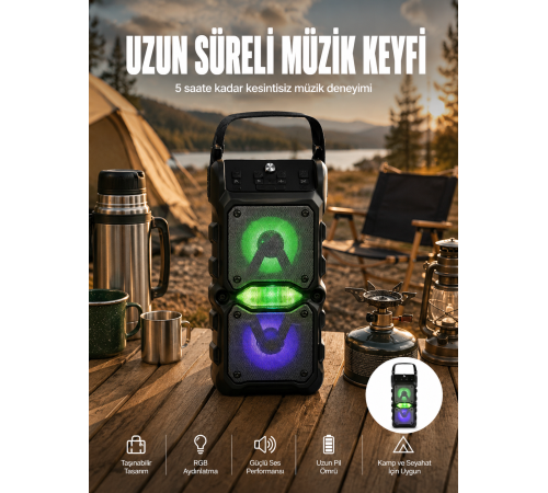 Taşınabilir Kablosuz Bluetooth Hoparlör Uzun Pil Ömrü Led Işıklı Yeni Nesil