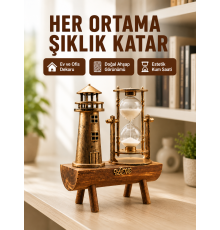 Ahşap Kum Saati ve Deniz Feneri Figürü Bir Arada Ev Ofis Dekorasyonu Yeni Nesil