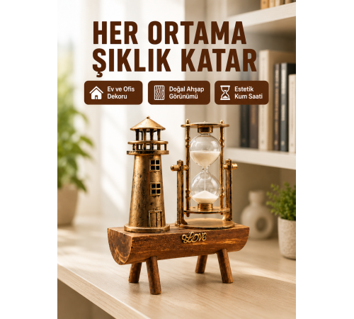 Ahşap Kum Saati ve Deniz Feneri Figürü Bir Arada Ev Ofis Dekorasyonu Yeni Nesil