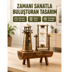 Vintage Kum Saati + Deniz Feneri Modeli – Ahşap Gövdeli Masa Üstü Dekor Yeni Nesil