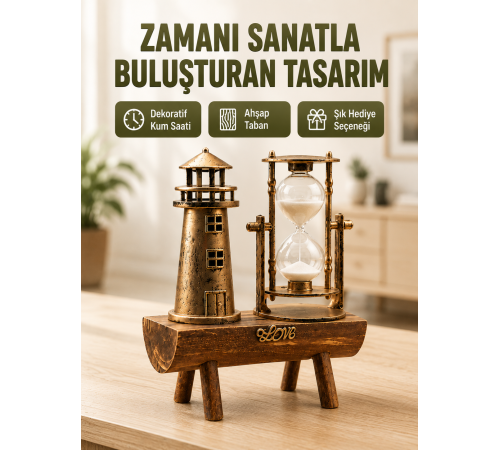 Vintage Kum Saati + Deniz Feneri Modeli – Ahşap Gövdeli Masa Üstü Dekor Yeni Nesil