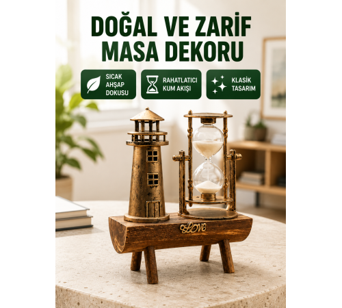 Ahşap Gövdeli Deniz Feneri Formlu Kum Saati – 15x20 cm Masa Dekoru Yeni Nesil