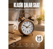 Metal Bronz Nostaljik Masa Saati Alarmlı Büyük Boy Sessiz Mekanizmalı