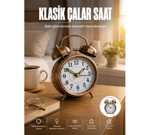 Metal Bronz Nostaljik Masa Saati Alarmlı Büyük Boy Sessiz Mekanizmalı