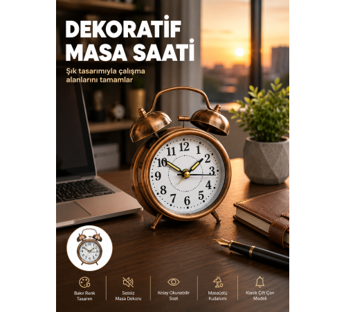 Retro Tarz Bronz Dekoratif Masa Saati Metal Gövde Yüksek Sesli Alarm