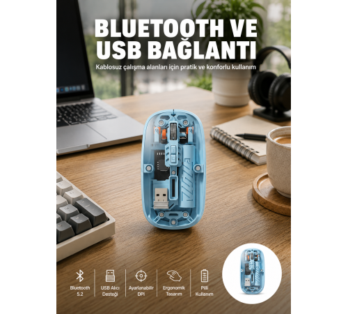 Bluetooth 5.2 Destekli Mavi Pilli Kablosuz Mouse Yeni Nesil