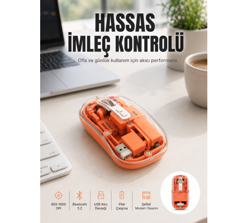 Bluetooth ve USB Destekli Kablosuz Şeffaf Mouse Sessiz Kullanım Yeni Nesil