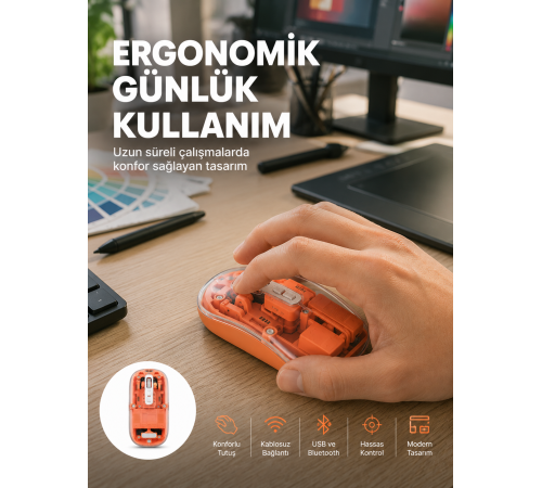 Şeffaf Kablosuz Mouse Bluetooth Bağlantılı Sessiz Tıklama Yeni Nesil