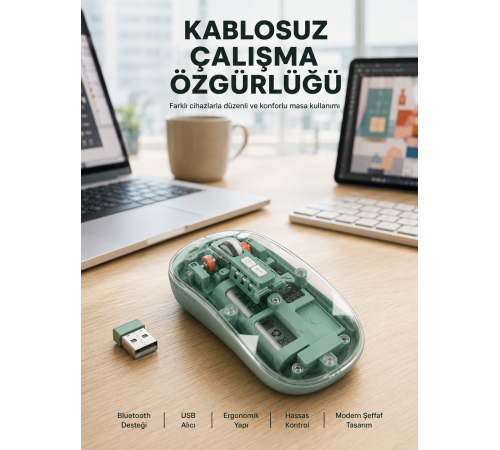 Çift Mod Bağlantılı Kablosuz Mouse Bluetooth ve USB Alıcılı Yeni Nesil