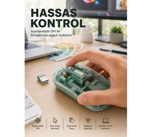 Şeffaf Tasarımlı Bluetooth Kablosuz Mouse Pilli Kullanım Yeni Nesil