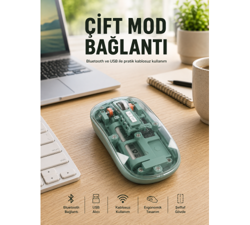 Pilli Kablosuz Mouse Bluetooth ve USB Uyumlu Sessiz Tıklama Yeni Nesil