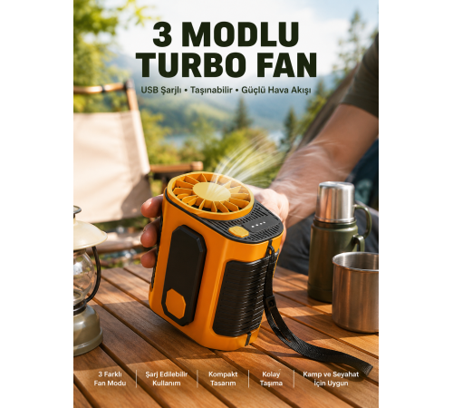 Taşınabilir USB Şarjlı Turbo Fan – 3 Modlu Soğutma, Hafif & Kompakt
