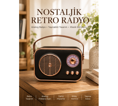 Retro Tarz Kablosuz Radyo – Bluetooth, USB ve TF Kart Girişli