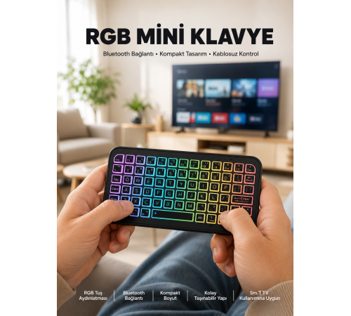 Kompakt Siyah RGB Işıklı Bluetooth Mini Klavye