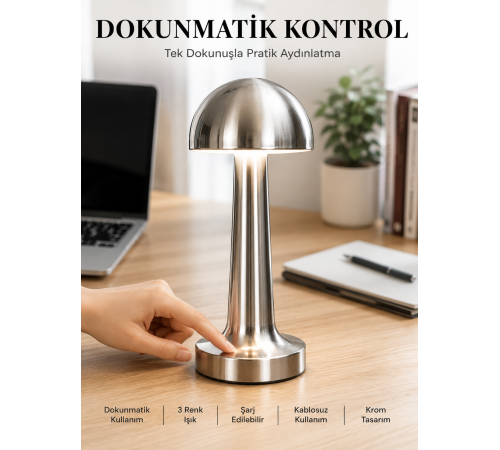 Mantar Masa Lambası Dokunmatik 3 Renk Işık Şarjlı Kablosuz Modern Krom Tasarım Yeni Nesil