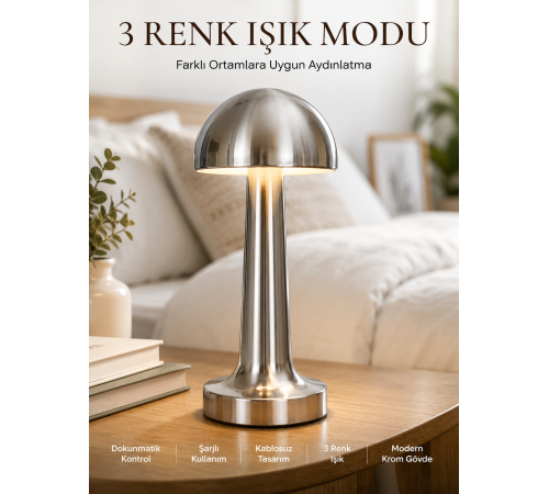 Modern Mantar Masa Lambası Dokunmatik 3 Işık Modlu Şarjlı Kablosuz LED Yeni Nesil