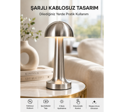 Şarjlı Kablosuz Mantar Masa Lambası Dokunmatik 3 Renk LED Modern Tasarım Yeni Nesil