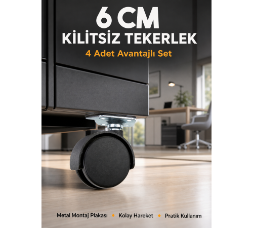Masa ve Koltuk İçin Kilitsiz Tekerlek Seti 6 cm
