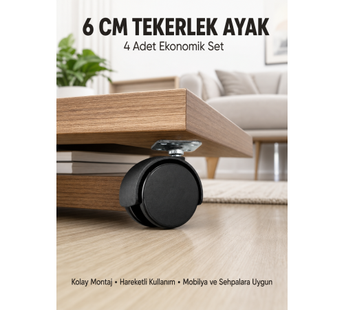 Halı ve Beton Uyumlu Kilitsiz Mobilya Tekerleği 4’lü