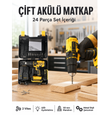 Matkap Seti 24 Parça Çift Bataryalı Darbeli Led Işıklı Vidalama Yeni Nesil