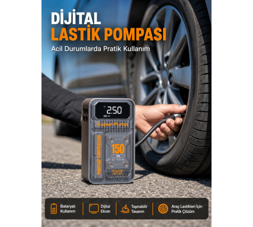 150 PSI Kablosuz Dijital Ekranlı Taşınabilir Araç Lastik Pompası