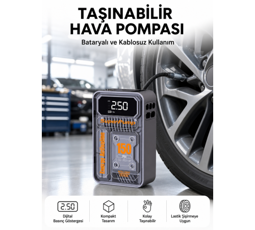 6000mAh Bataryalı LED Ekranlı Akıllı Hava Kompresörü
