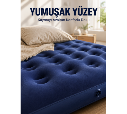Dış Mekan Şişme Yatak Çift Kişilik Flokeli Yüzey Konforlu Kullanım