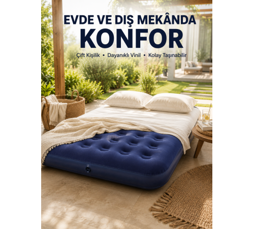 Konforlu Çift Kişilik Şişme Yatak Flokeli Yüzey Dayanıklı Gövde