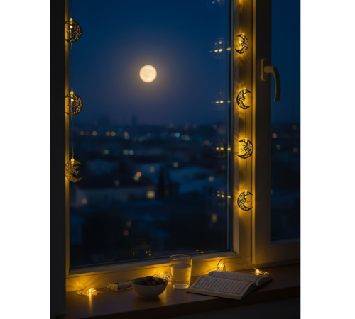 Ramazan Minare Detaylı Hilal LED Işık Günışığı Sarı Metal Süs