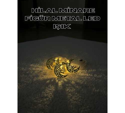 Minareli Hilal LED Işık Gold Metal Gövdeli Pilli Ramazan Dekoru