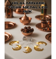 Minareli Hilal LED Işık Gold Metal Gövdeli Pilli Ramazan Dekoru