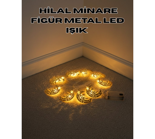 Minareli Hilal LED Işık Gold Metal Gövdeli Pilli Ramazan Dekoru