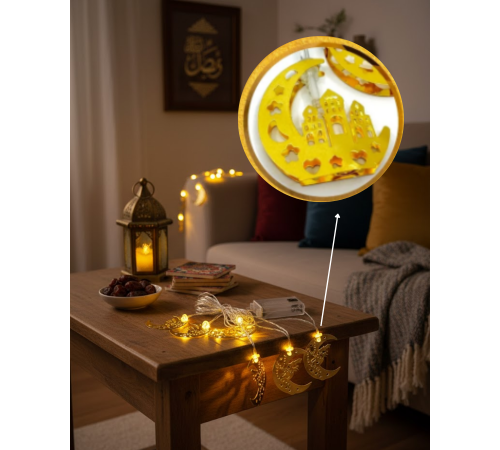 Minareli Hilal LED Işık Gold Metal Gövdeli Pilli Ramazan Dekoru