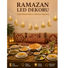 Minareli Hilal LED Işık Gold Metal Gövdeli Pilli Ramazan Dekoru