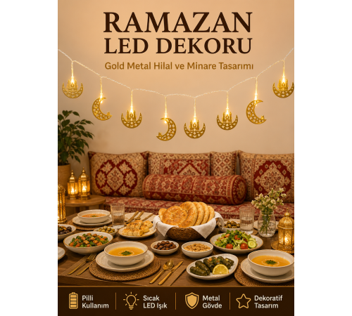 Minareli Hilal LED Işık Gold Metal Gövdeli Pilli Ramazan Dekoru