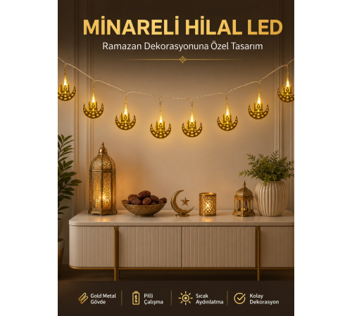 Dekoratif Minareli Hilal LED Işık Metal Gövdeli Ramazan Aydınlatma
