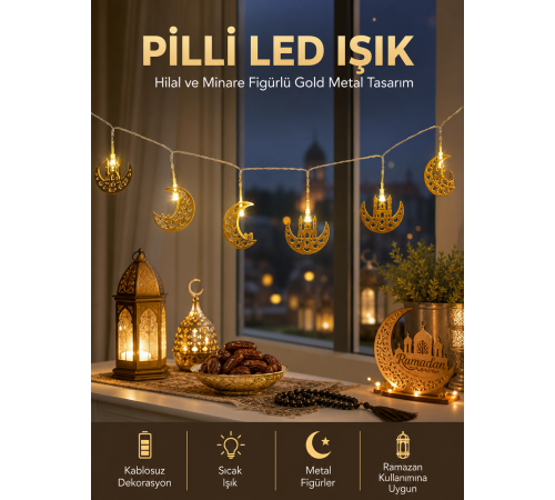 Pilli Minareli Hilal LED Işık Gold Metal Ramazan Dekorasyonu