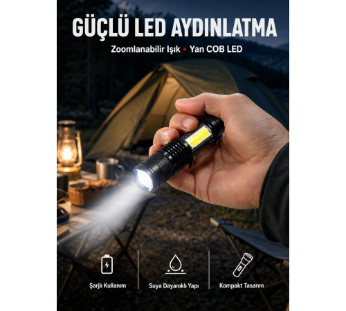 Mini Boy LED El Feneri - 2000 Lümen, Su Geçirmez Tasarım Yeni Nesil