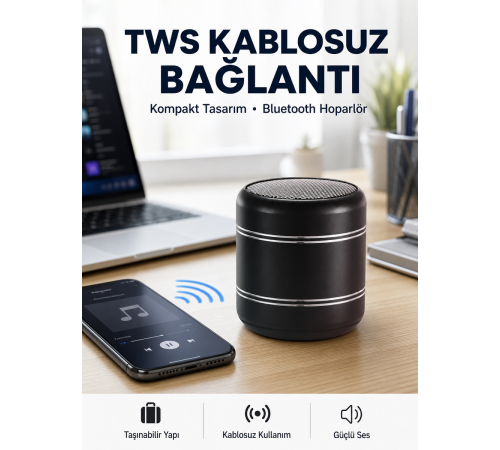 Taşınabilir Silindir Tasarım Bluetooth 5.0 Hoparlör Yüksek Bas Performanslı Yeni Nesil