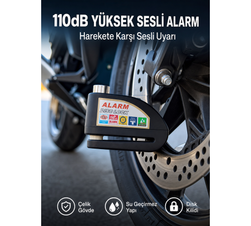 Yüksek Sesli 110dB Çelik Disk Kilidi Su Geçirmez Yeni Nesil