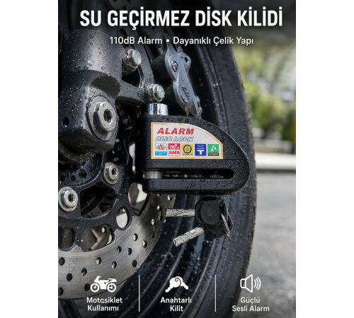 Suya Dayanıklı 110dB Alarmlı Çelik Disk Kilidi Yeni Nesil