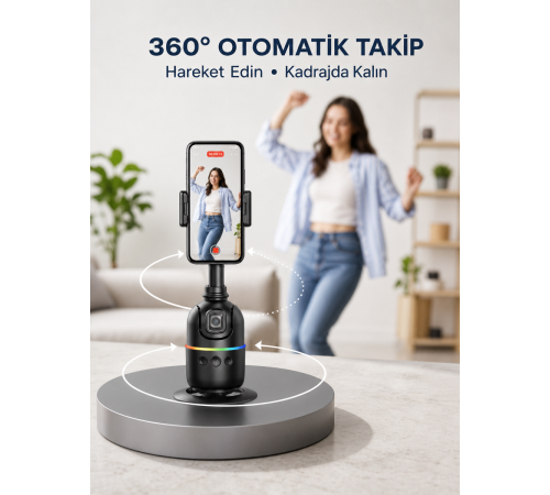 Yapay Zeka Destekli Yüz Takip Özellikli 360 Derece Dönen Masaüstü Telefon Sabitleyici Yeni Nesil
