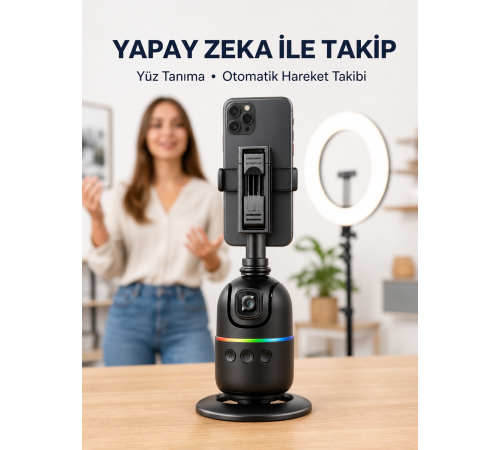 Telefon ve Kamera Uyumlu 360° Otomatik Takipli Akıllı Masa Tripodu Yeni Nesil